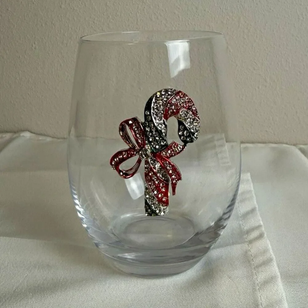 Clear Stemless Wine Glass, Christmas Holiday Candy Cane Decor, Bow Design